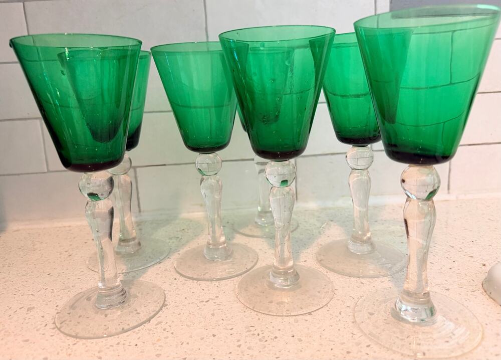 Set of 7 Vintage Emerald Green Wine Goblets MCM Ball Stem Italian Czech Style